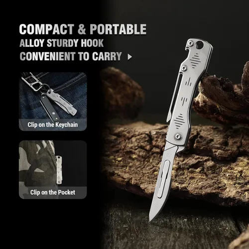 Vista 7 de ITOKEY Cuchillo de bisturí plegable, cuchillo de bolsillo de bisturí, bisturí quirúrgico con 10 cuchillas de afeitar reemplazables #23, abridor