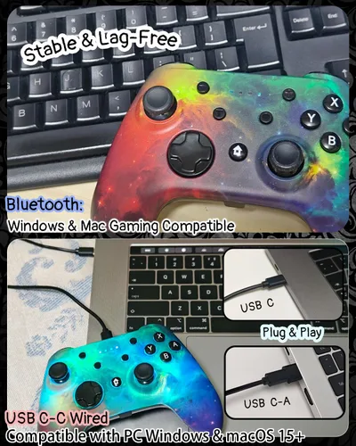 Vista 8 de Wzuiсov RGB Game Controller for Switch, PC, iOS & Android Wireless Bluetooth&USB-C Wired Gaming Gamepad with Phone Holder, USB Adapter, and