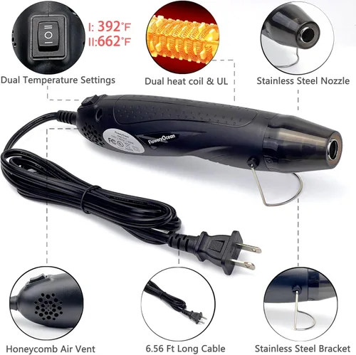 Vista 4 de Kit de mini pistola de calor+boquilla reflectora, pistola de aire caliente de calor rápido de 350 W, protección contra sobrecarga, 2 ajustes