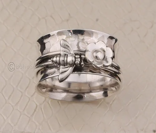Vista 2 de Bee Spinner Ring, 925 Silver Ring, Handmade Spinner Ring, Gift For Wife, Wide Band Ring, Spiritual Ring Women, Fidget Flower Ring, Thumb Spinner