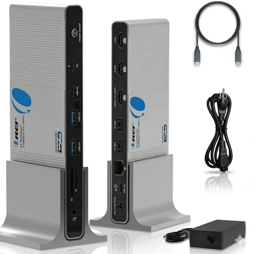 Vista 12 de OREI Estación de acoplamiento USB C triple monitor, SplitXtend 12 en 1 para laptop con 2 HDMI + DisplayPort, 4K @60Hz, 85W PD, Ethernet, USB, SD/TF