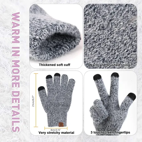 Vista 4 de Gorro de punto cálido para mujer, para pantalla táctil, conjunto de bufanda larga con forro polar y gorras de calavera para mujeres y hombres