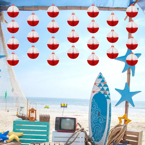 Vista 7 de 10 piezas de decoración de bolas de panal de abeja para mesas Bobber papel colgante de techo suministros de fiesta temática de pescadores