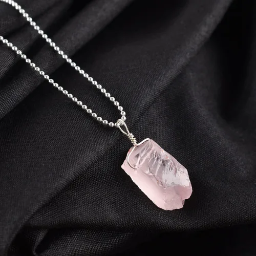 Vista 2 de ZEMBIENCE Natural Raw Rose Quartz Gemstone Pendant Necklace, Rough Stones, Chakra Healing Crystals, Silver Plated, Handmade, Minimalist, Valentine
