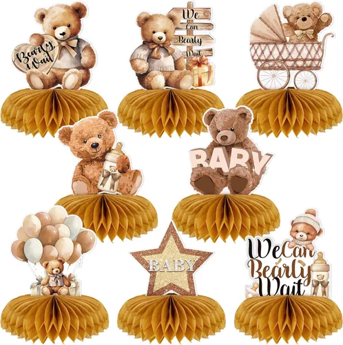 Zonon 8 centros de mesa de oso para baby shower con diseño de panal We Can Bearly Wait de 5.5 x 5.9 x 7.9 pulgadas, decoración de baby shower,