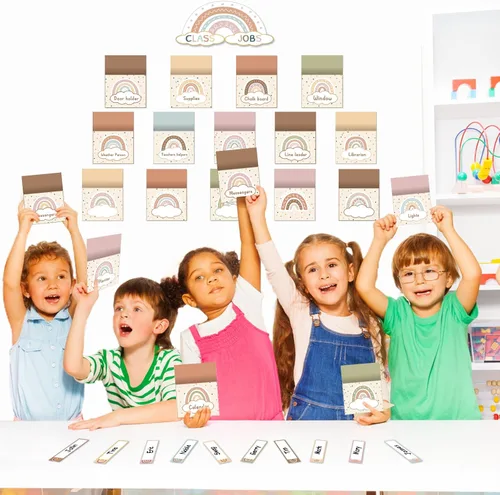 Vista 5 de Juego de 81 tablones de anuncios bohemios con temática de arco iris para el aula, juego de tablones de anuncios para el aula para ayudante