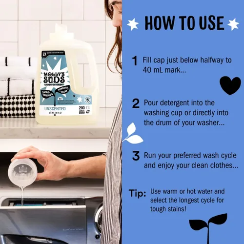 Vista 5 de Molly's Suds Detergente líquido para ropa, jabón detergente natural para ropa para pieles sensibles, concentrado 2 veces y de alta eficiencia (HE)