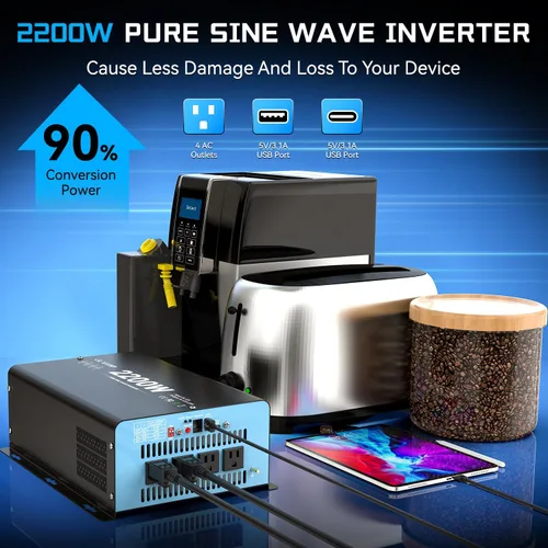 Vista 2 de OLTEANP Nuevo Inversor de onda sinusoidal pura de 2200 vatios actualizado, inversor de corriente de 12 V CC a 110 V CA con 4 salidas de CA, puerto