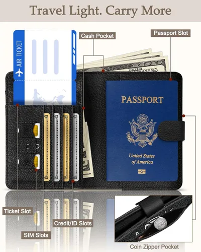 Vista 2 de Slohif Funda para pasaporte para viajes, para mujeres y hombres, bloqueo RFID, protector de pasaporte para tarjetas de tarjeta de embarque, Negro