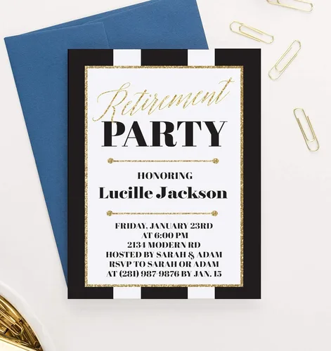 Vista 2 de Modern Pink Paper Elegant Retirement Party Invitation for Women or Men, Black and Gold Retirement Dinner Invitations with Envelopes, Your choice of