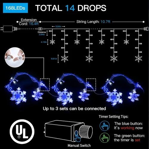 Vista 6 de suddus Luces de Carámbano de Copo de Nieve para Exteriores, 10.7 pies, 168 Luces LED de Cadena Navideñas Conectables Enchufables con 14 Tiras