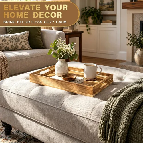 Vista 6 de MAONAME Bandeja de madera de acacia con asas, bandeja de madera grande de 15 x 10 pulgadas, bandeja rectangular decorativa para sala de estar