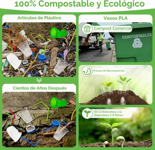 Vista 3 de 16 onzas. Vasos desechables de plástico transparente con tapas planas compostables para café helado, vasos biodegradables para bebidas frías
