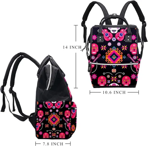 Vista 2 de Sugar Skulls with Flowers Guitar Diaper Bag Backpack Baby Nappy Changing Bags Multi Function Large Capacity Travel Bag