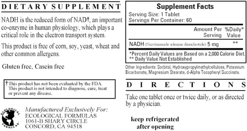 Vista 2 de NADH 5mg 60 Tabletas - Paquete de 2 - Fórmulas Ecológicas/Investigación Cardiovascular