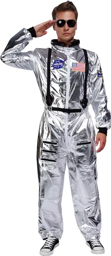 Maxim Party Supplies Disfraz de astronauta para adultos, traje espacial plateado para hombres con parches bordados y bolsillos