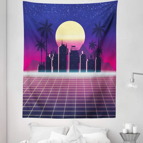 Vista 3 de Lunarable Disco Tapestry, Synthwave Retro City Palms Sun and Grid in Vibrant Tones, Fabric Wall Hanging Decor for Bedroom Living Room Dorm, 23" X