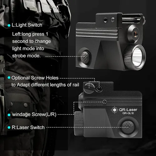 Vista 3 de QR-Laser Green Laser Sight with 500 Lumens Tactical Flashlight, Magnetic USB Rechargeable Gun Light Combo for Picatinny Rail, Strobe Function for