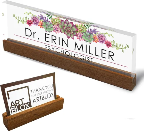 Vista 13 de Artblox - Placa de nombre personalizada para escritorio con soporte para tarjetas de presentación en cristal acrílico transparente, diseño de flores