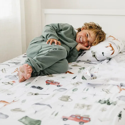 Vista 8 de Pobibaby - Sábana bajera ajustable de alta calidad, sábana encimera con funda de almohada - Mezcla de algodón ultrasuave, elegante patrón de bosque