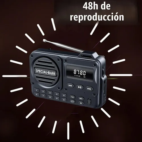 Vista 4 de Radio de bolsillo FM con carga USB-C, 2000 mAh, recargable, excelente recepción, altavoz transparente y conector para auriculares, pantalla LCD