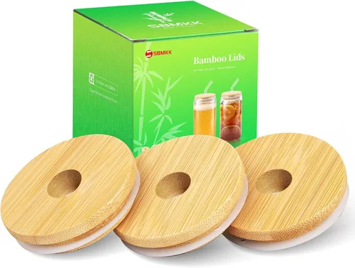 Vista 6 de Tapas de bambú para vasos de vidrio, tapas de madera para latas de cerveza de 16 oz con agujero para pajilla, cubierta de repuesto para tarros Mason