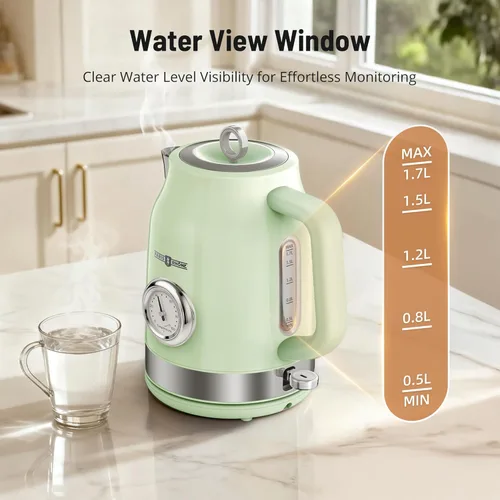 Vista 6 de Tetera eléctrica retro, hervidor de té caliente PARIS RHÔNE de 1.7 litros con termómetro, calentamiento rápido de 1500 W, diseño inalámbrico