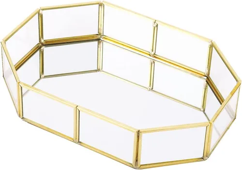 Vista 6 de Makeup Jewelry Organizer Mirrored Glass Tray, Small Size 8.1x5.6x1.7 Inch, Golden Brass Edging - Durable Material, Stylish Storage, Perfect for