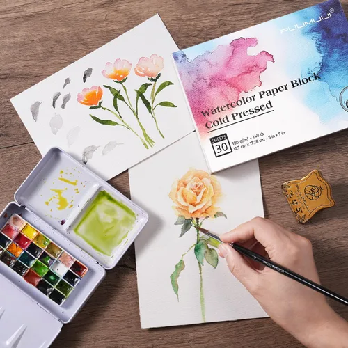 Vista 5 de Fuumuui - Bloque de papel de acuarela de 5 x 7 pulgadas, bloc de papel de acuarela 100% algodón de 30 hojas, 140 libras/300 gsm, papel de arte