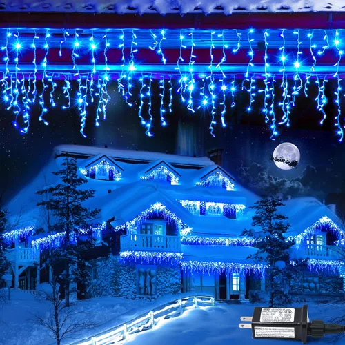Vista 28 de JMEXSUSS 400 luces LED de Navidad de carámbano de 38.8 pies con control remoto, tira de luces multicolor para exteriores enchufables, 8 modos