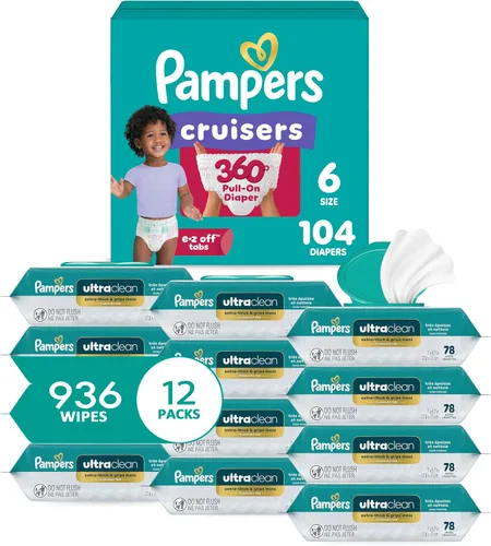 Vista 13 de Pampers Pull On Cruisers - Pañales desechables para bebé, ajuste de 360°, talla 3, suministro de un mes (168 unidades) con toallitas para bebé