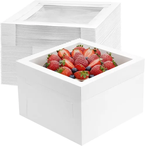 Vista 8 de Moretoes 10 cajas para pasteles de 12x12x8 pulgadas, cajas blancas de panadería con ventana, contenedores altos de cartón para postres