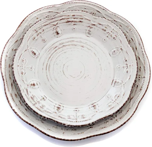 Vista 3 de Elama Rustic Birch - Juego de vajilla redonda de cerámica festoneada en relieve de 16 piezas, color blanco con detalles marrones