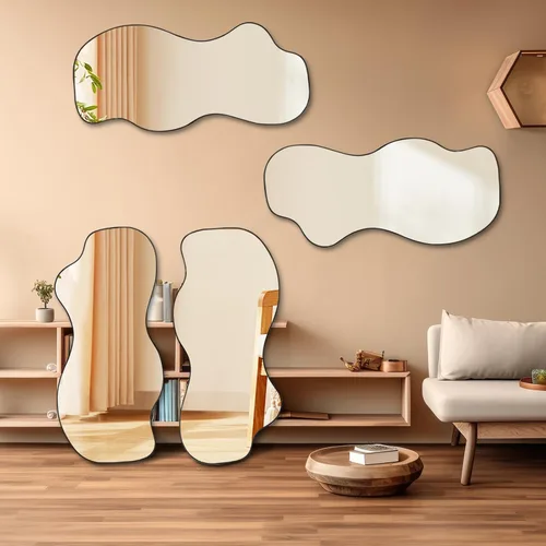 Vista 5 de POZINO Espejo irregular, espejo asimétrico sin marco de 47.2 x 21.6 pulgadas, espejos de pared abstractos, modernos espejos de forma extraña
