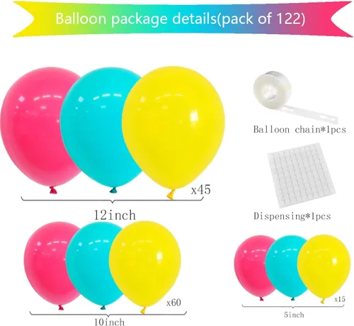 Vista 7 de Kit de arco de guirnalda de globos de color rosa intenso, verde azulado, azul, amarillo, 122 unidades, turquesa, azul, rosa, rojo, amarillo