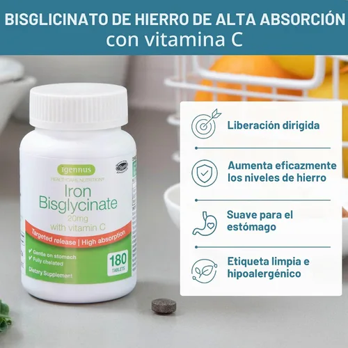 Vista 2 de Igennus - Bisglicinato de hierro limpio de 20 mg, vitamina C, suministro para 6 meses, fórmula quelada suave de alta absorción y bisglicinato