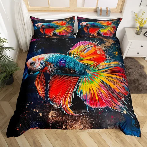 Vista 19 de Betta Fish - Juego de funda de edredón de peces tropicales, acuarela, animales marinos, algas marinas, coral submarino, vida marina (sin relleno)