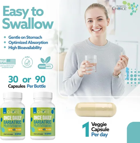 Vista 6 de Bariatric Choice Multivitamínico bariátrico una vez al día con 45 mg de hierro, cápsula fácil de tragar, vitamina para pacientes de cirugía