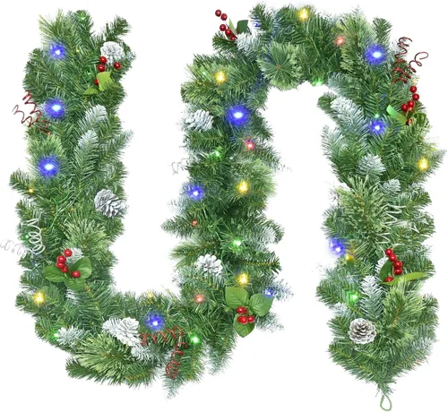 Vista 8 de Guirnalda de Navidad de 9 pies con luces - Guirnalda de Navidad iluminada con 50 luces LED alimentadas por batería, 8 modos de iluminación