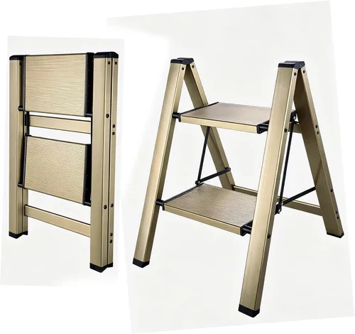 Taburete plegable de cocina pequeña escalera armario de aluminio Acabado dorado champán