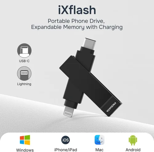 Vista 2 de iXflash - Memoria flash para iPhone de 128 GB, certificado Apple MFi, Lightning y USB C, color negro, 2 en 1 para teléfono, iPad y computadora