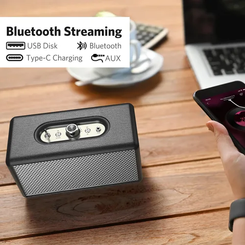Vista 3 de Altavoz Bluetooth inalámbrico vintage, altavoces retro portátiles con sonido estéreo y graves extendidos, perilla para control de volumen
