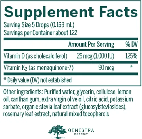 Vista 2 de Genestra Brands D3 K2 Mulsion - Vitaminas líquidas para la salud ósea, limón natural, 122 porciones