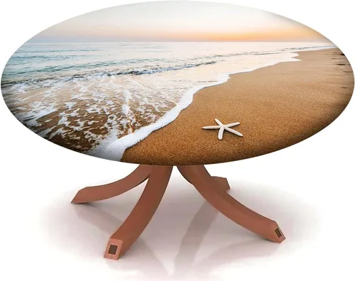 Vista 34 de Cubierta redonda con diseño de playa, borde elástico, picnic al aire libre, patio, fiesta o comedor interior, decoración de mesas de comedor, azul