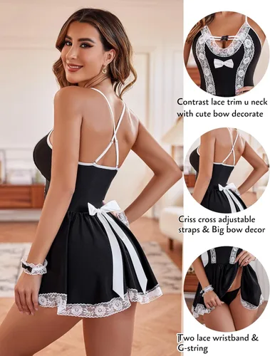 Vista 2 de Avidlove Disfraz de sirvienta para cosplay, conjunto de lencería de malla, babydoll de encaje, juego de rol, 4 piezas, ropa de noche con correa