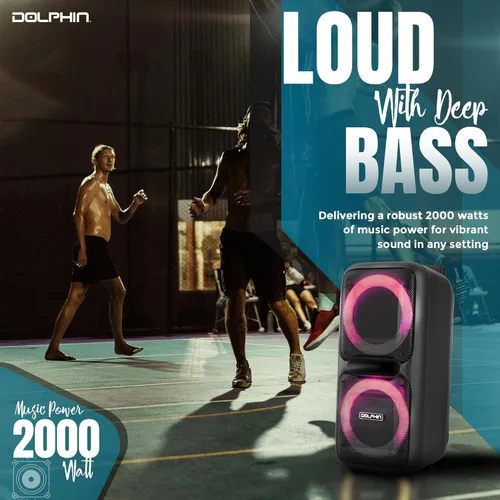Vista 6 de Altavoz de Fiesta Dolphin SP-2080RBT Dual de 8 Pulgadas de Alta Potencia Portátil Bluetooth, Micrófono Inalámbrico, Bajo Profundo, Luces LED