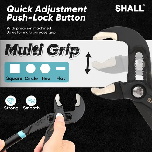 Vista 4 de SHALL Juego de 3 piezas de alicates de junta de ranura (12, 9-1/2, 7 pulgadas), alicates para bomba de agua con bloqueo de presión en acero Cr-v