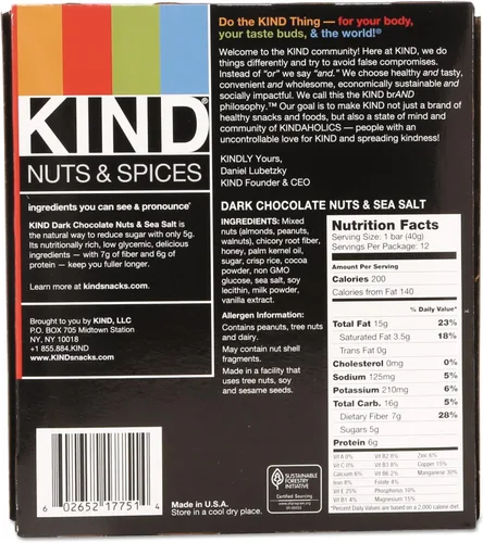 Vista 8 de Kind 17851 Barra de nueces y especias, nueces de chocolate negro y sal marina, 1.4 onzas, 12/caja