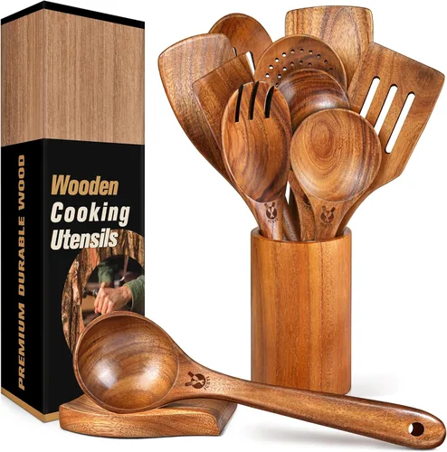 Vista 10 de Cucharas de madera para cocinar, 6 piezas, juego natural de utensilios de cocina de madera de teca, juego de utensilios de cocina con mango largo