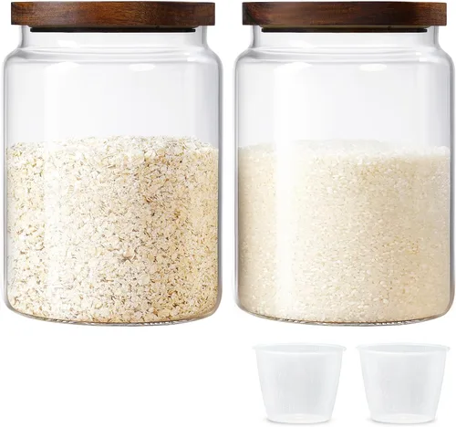 Vista 8 de Contenedores de almacenamiento de vidrio con tapas, Juego de 3 tarros de alimentos de 67oz con tapas de madera de acacia, recipiente de vidrio